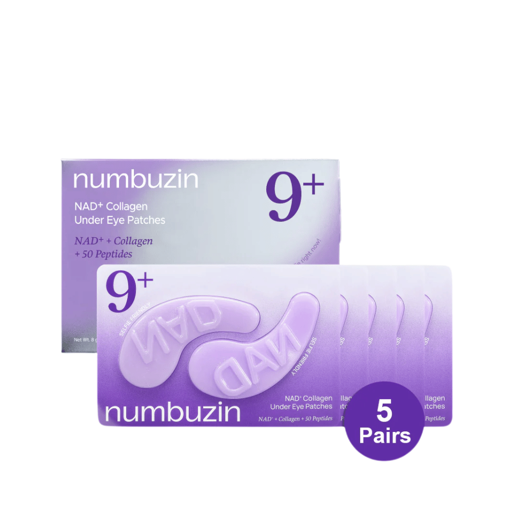 Verpakking van numbuzen No.9 NAD+ Collagen Under Eye Patches – 5 paar collageenrijke pads met NAD+ en peptiden.