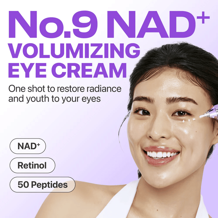 No.9 NAD+ Retinol Volumetox Eye Cream gepresenteerd als een volumegevende oogcrème die glans en een jeugdige uitstraling rond de ogen herstelt.