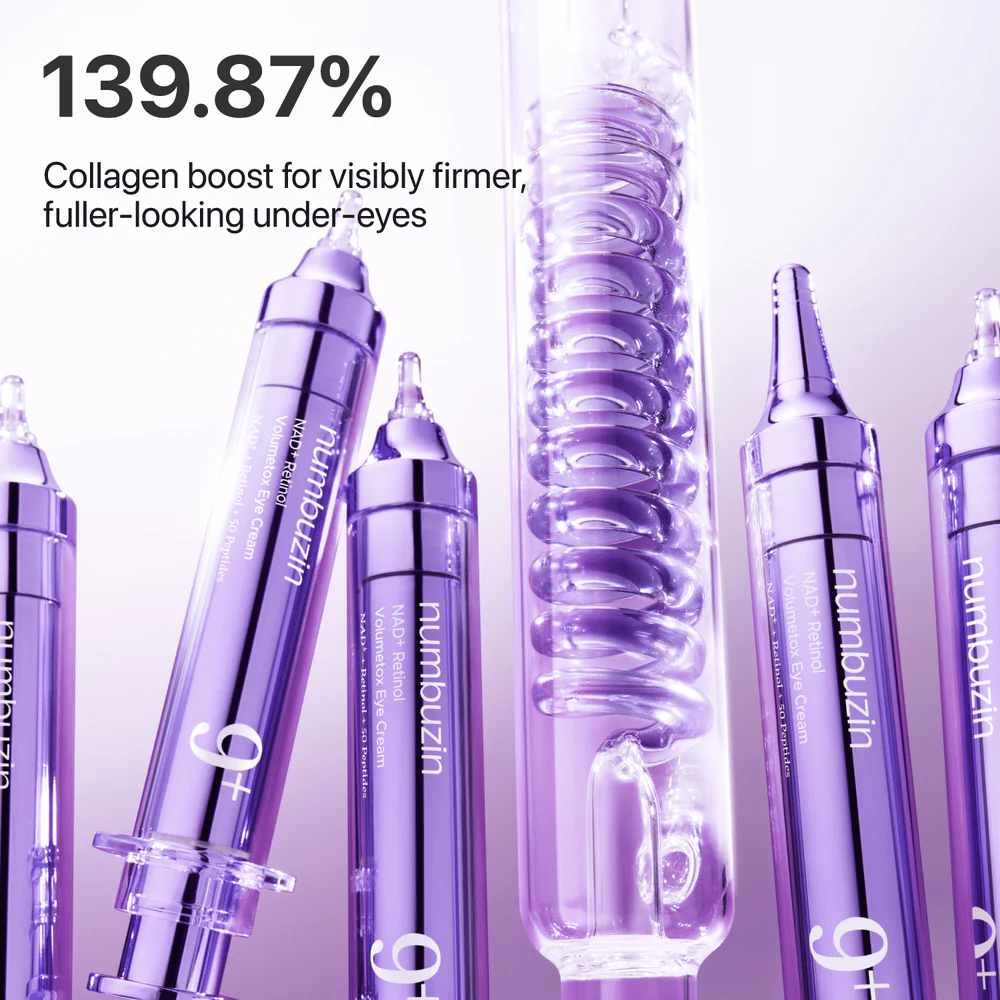 Illustratie die collageenboost toont van No.9 NAD+ Retinol Volumetox Eye Cream, ontwikkeld voor stevigere en vollere huid onder de ogen met zichtbare resultaten.