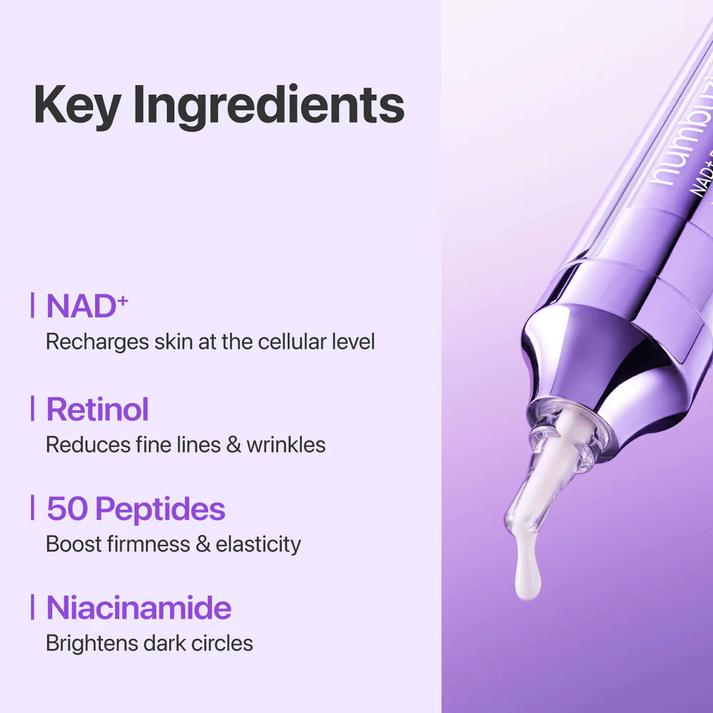Belangrijkste ingrediënten in No.9 NAD+ Retinol Volumetox Eye Cream, met NAD+, retinol, 50 peptiden en niacinamide die helpen de huid te versterken en fijne lijntjes te verminderen.