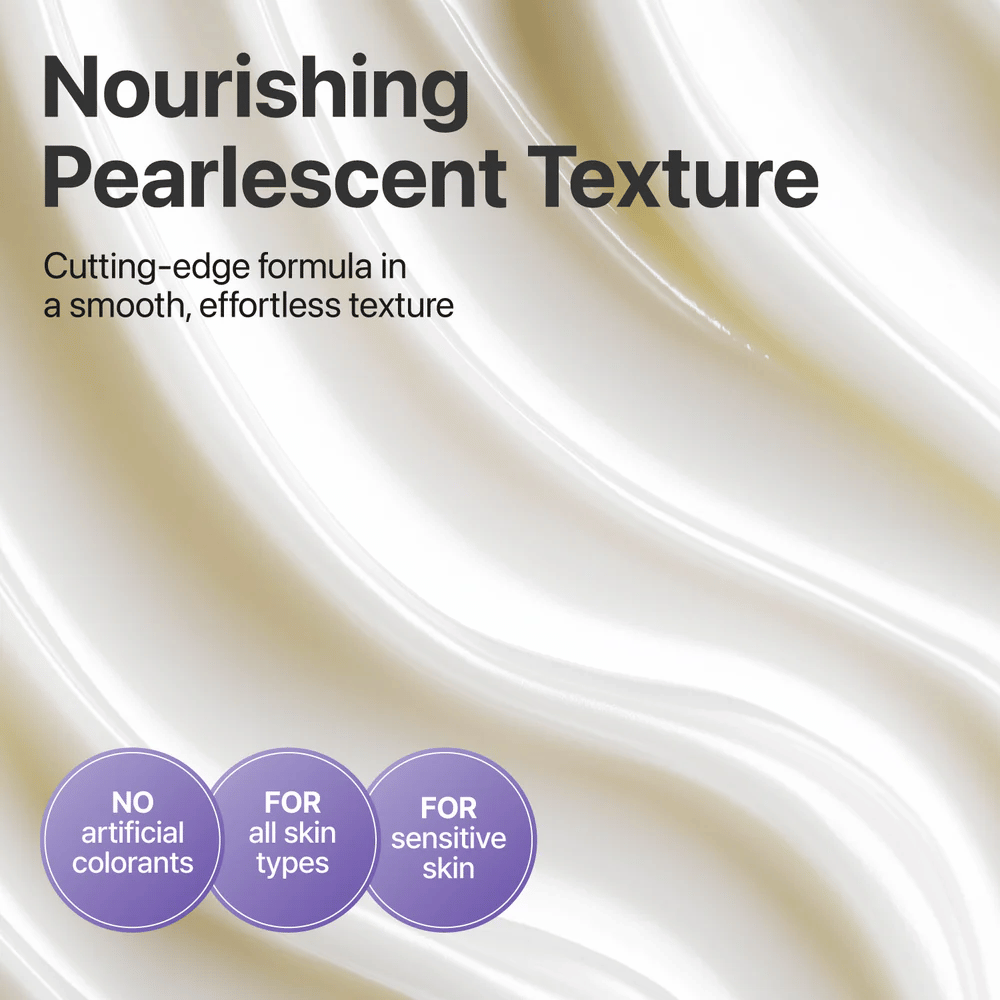 Close-up van de parelmoerachtige textuur in No.9 NAD+ Retinol Volumetox Eye Cream, een voedende en zachte oogcrème zonder kunstmatige kleurstoffen, geschikt voor de gevoelige huid.