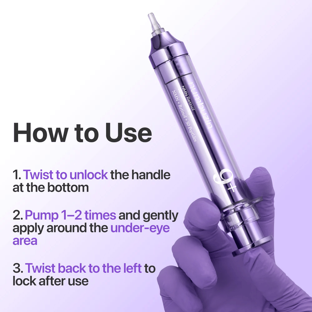 Instructieafbeelding die laat zien hoe No.9 NAD+ Retinol Volumetox Eye Cream wordt gebruikt, met draaifunctie, pompdosering en applicatie rond het ooggebied voor veilige en nauwkeurige toepassing.