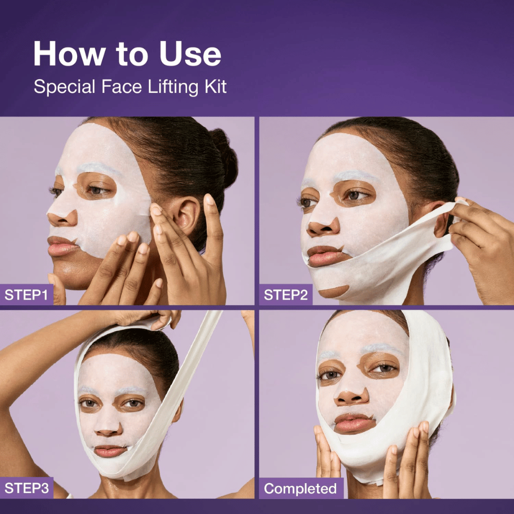 Stapsgewijze beeldinstructies voor het gebruik van een faceliftkit, waarbij het model het gezichtsmasker aanbrengt en de liftband aanpast om de behandeling te voltooien.