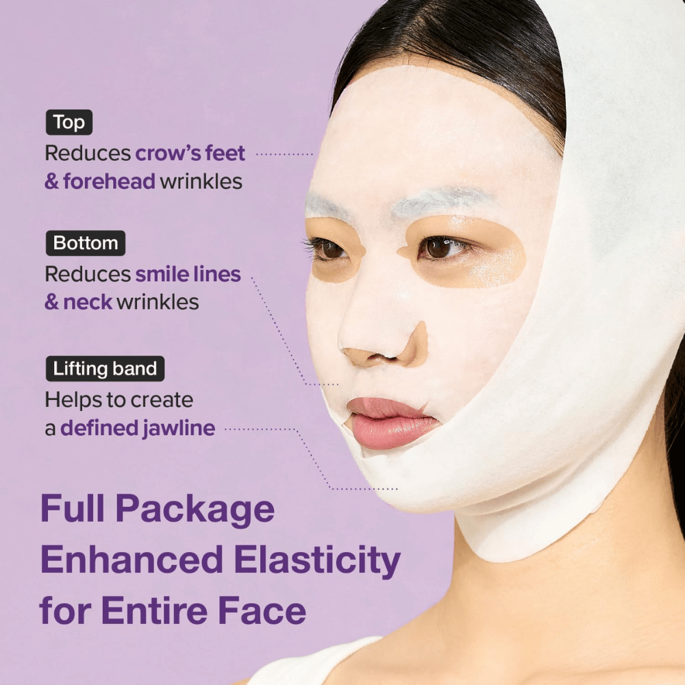 Model dat een gezichtsmasker draagt met specifieke secties die rimpels verminderen bij ogen, voorhoofd, lachrimpels en hals, evenals een liftband om de kaaklijn te definiëren. De tekst beschrijft de voordelen van het gebruik van het masker.