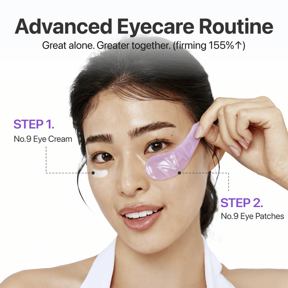 Toepassing van numbuzen No.9 NAD+ Collagen Eye Patch stap voor stap in oogverzorgingsroutine voor stevigere en frissere huid.