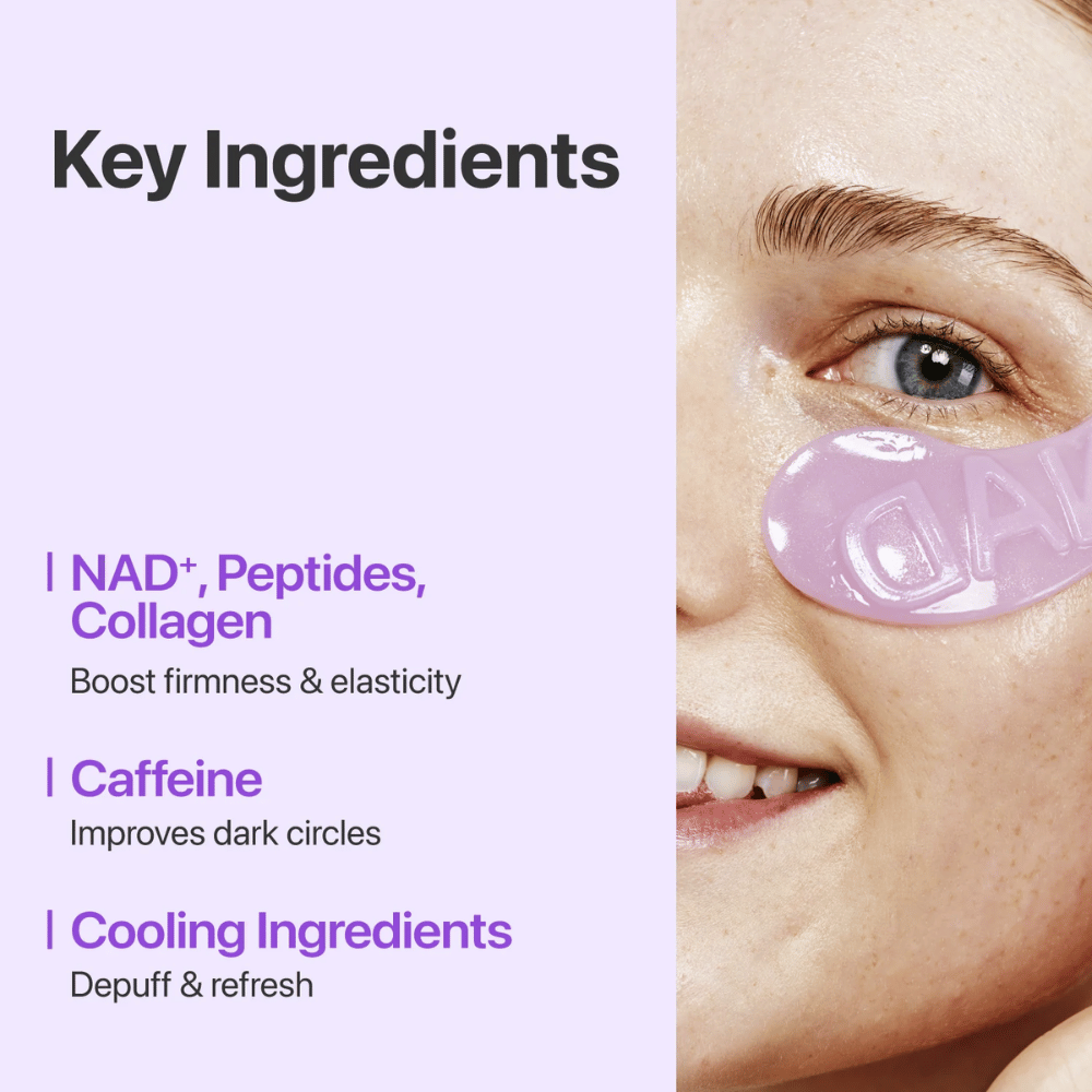Close-up van numbuzen No.9 NAD+ Collagen Eye Patch – bevat NAD+, collageen en peptiden die de huid onder de ogen versterken en hydrateren.