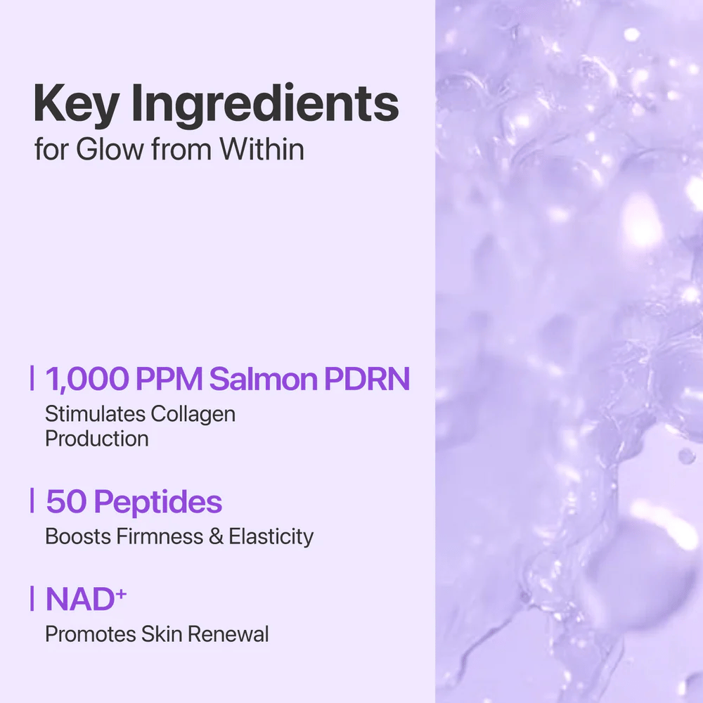 Tekst en achtergrond tonen de belangrijkste ingrediënten: 1000 ppm Zalm PDRN, 50 Peptides en NAD+ die de huid versterken, hydrateren en vernieuwen.