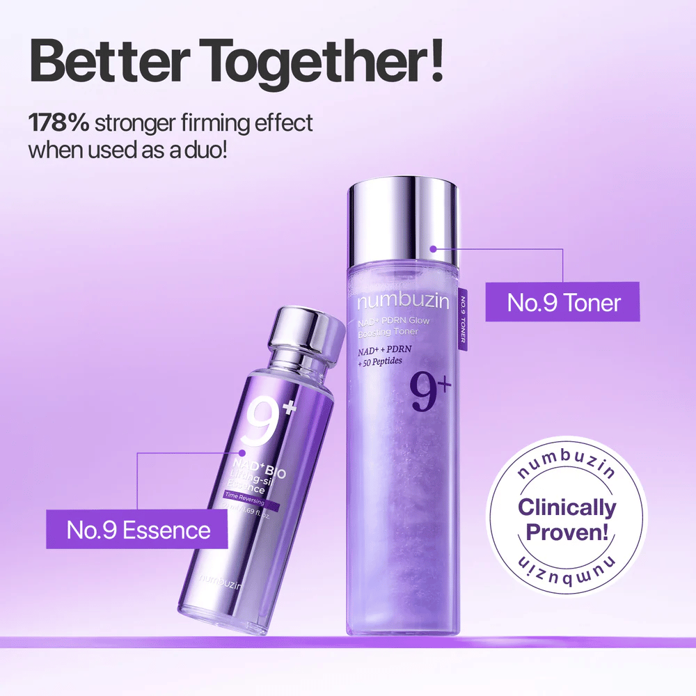 Numbuzin No.9 Toner en Essence worden samen getoond in paarse tint. Tekst: "Beter Samen - 178% sterker verstevigend effect wanneer gebruikt als duo."