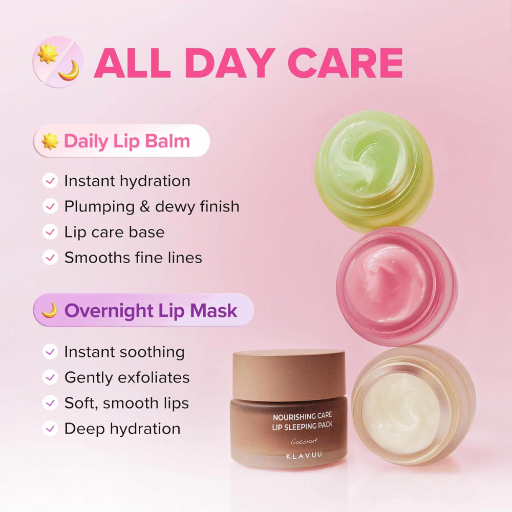 KLAVUU Nourishing Care Lip Sleeping Pack Coconut kan overdag als lippenbalsem of 's nachts als intensief lipmasker worden gebruikt voor zachte lippen.