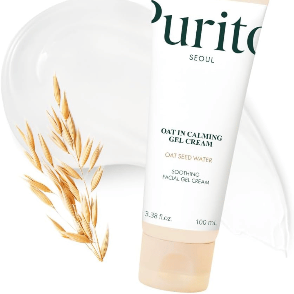 Purito Oat-In Calming Gel Cream met haver en crème structuur. Hydraterende gelcrème met Oat Seed Water voor een zachte, gebalanceerde huid.