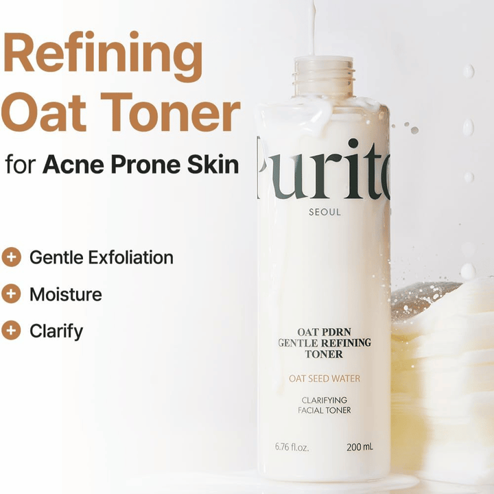Purito Oat PDRN Gentle Refining Toner 200 ml – milde exfoliërende toner die hydrateert, verheldert en de acnegevoelige huid in balans brengt