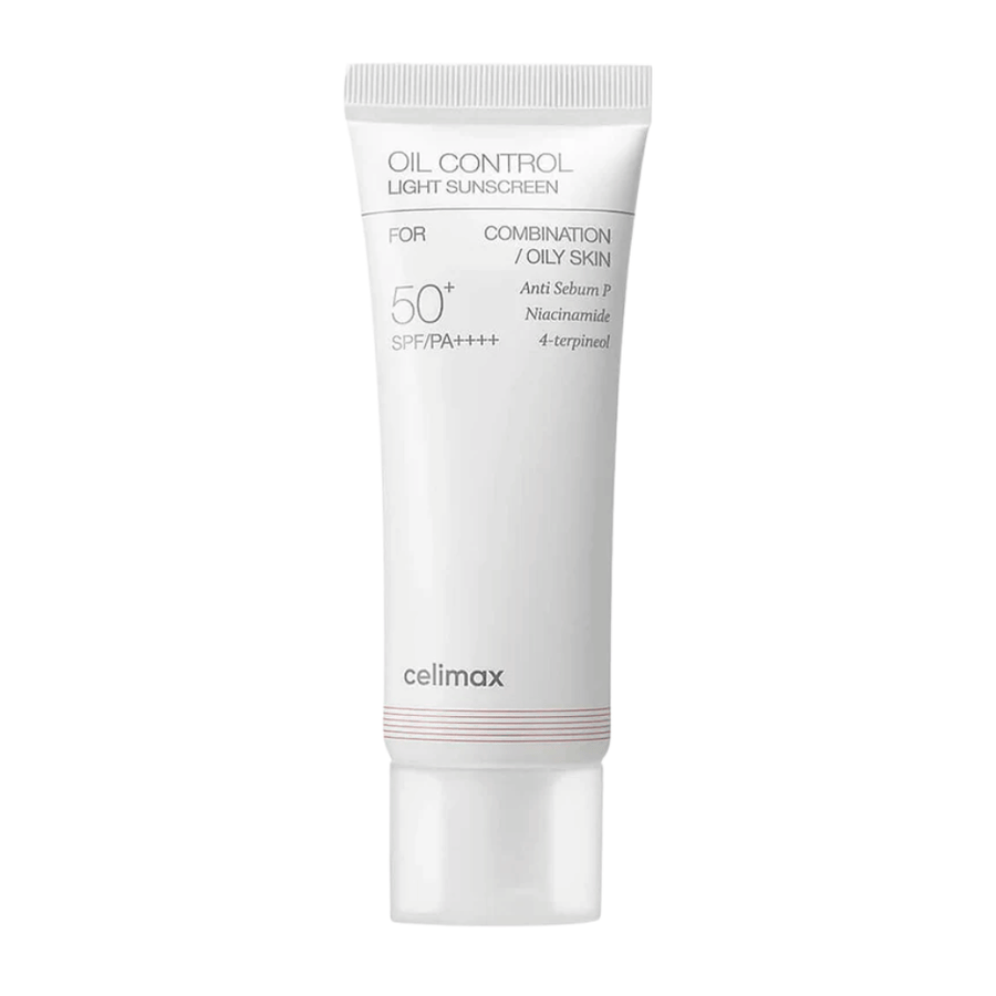 Celimax Oil Control Light Sunscreen SPF 50+ PA++++ productafbeelding met focus op formule en ingrediënten zoals niacinamide voor talgcontrole en een egalere huidtoon