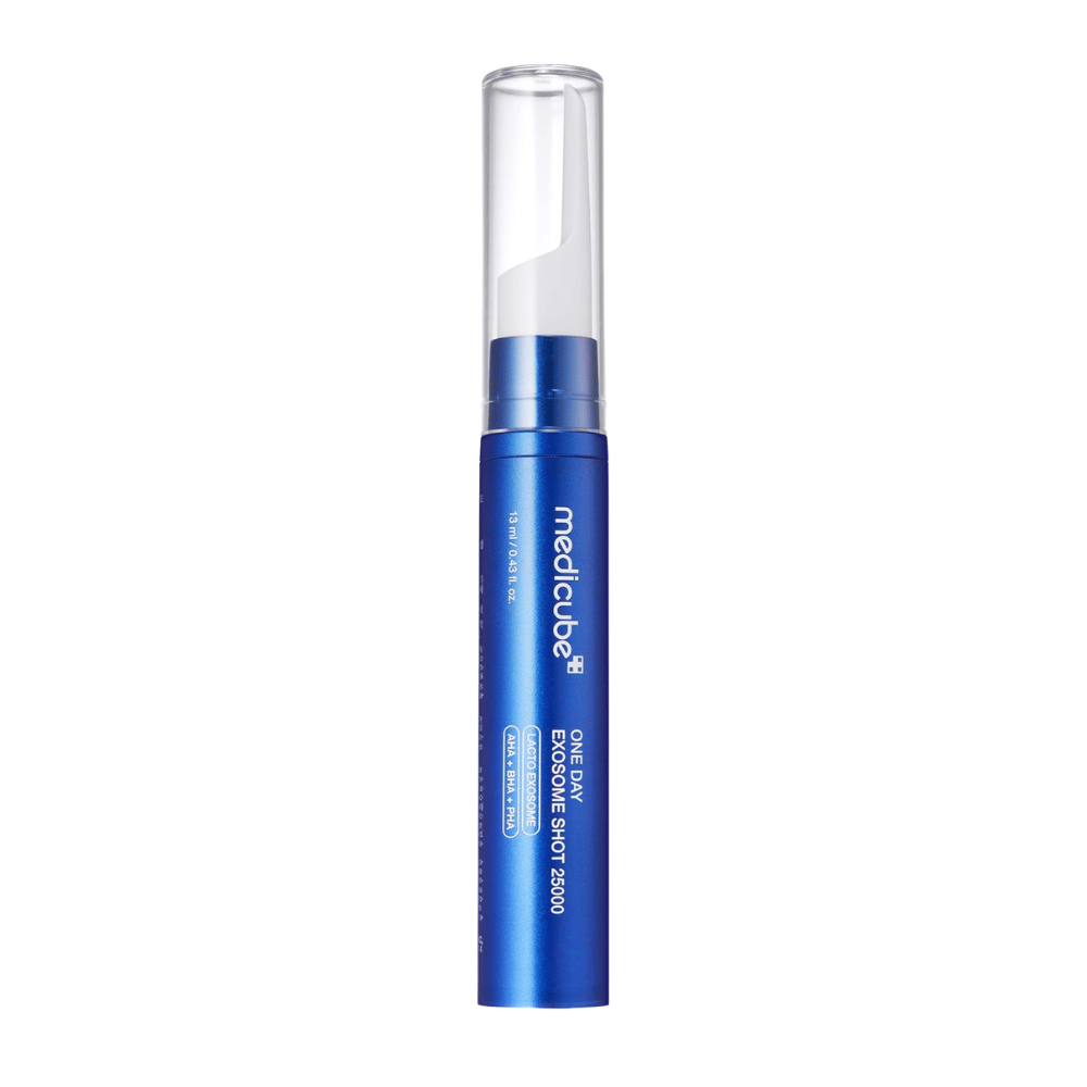 Medicube One Day Exosome Shot 25000 ampul met precisietip voor applicatie en formule die zich richt op poriën en huidtextuur