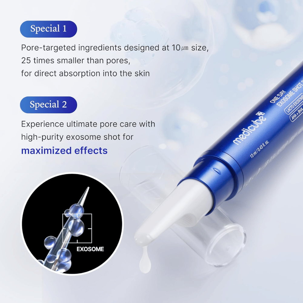 Medicube One Day Exosome Shot Pore Ampoule 25000 met exosomen die de opname verbeteren, poriën verkleinen en intensieve huidverzorging bieden
