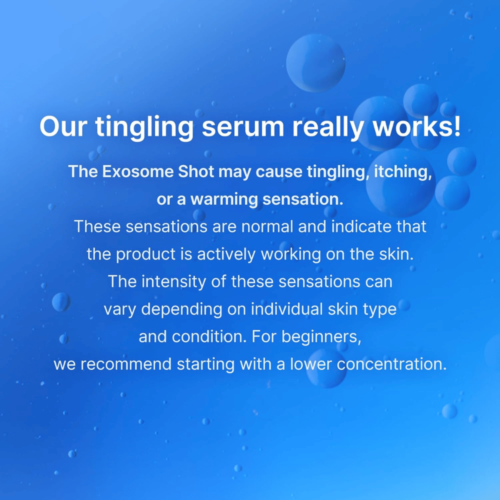 Exosome-serum informatie over een tintelend gevoel bij gebruik dat wijst op actieve huidbehandeling en de aanbeveling om met een lagere concentratie te beginnen