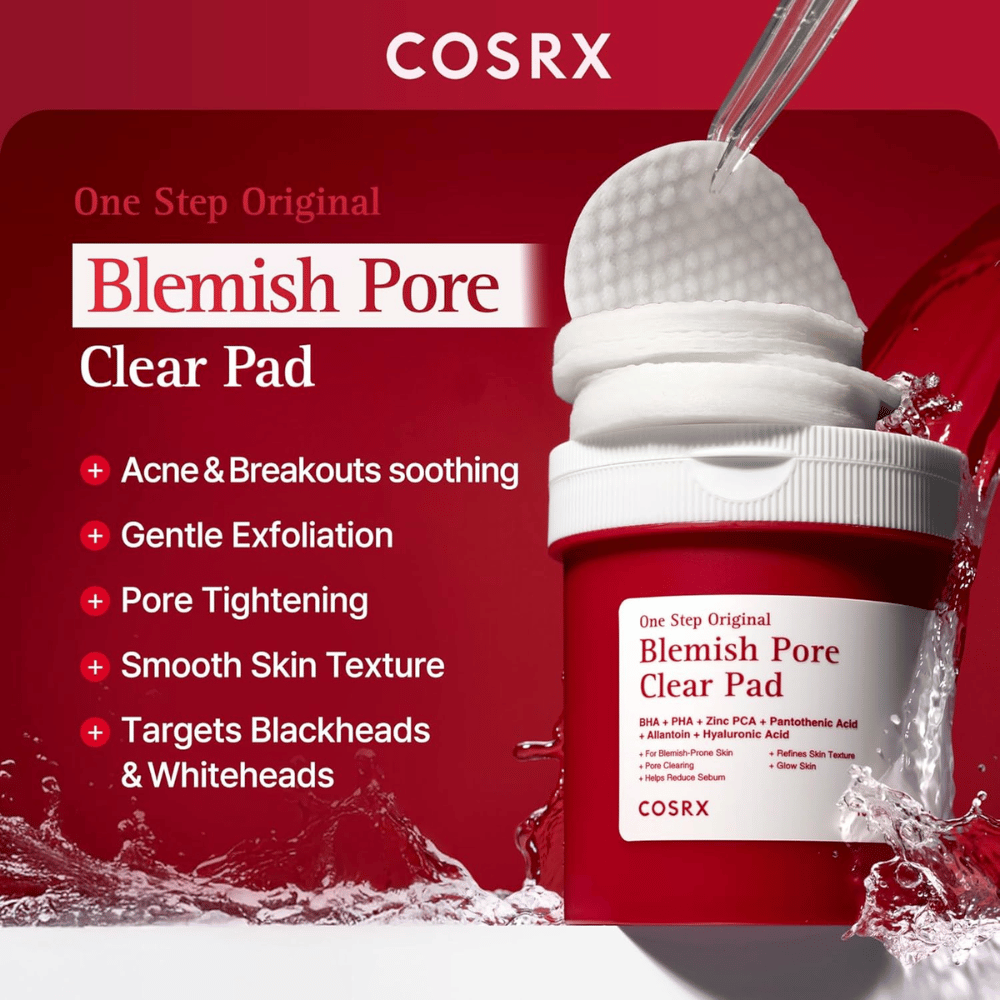 Productafbeelding van COSRX One Step Original Blemish Pore Clear Pad met focus op exfoliatie, porieverfijning en verzorging van een acnegevoelige huid.