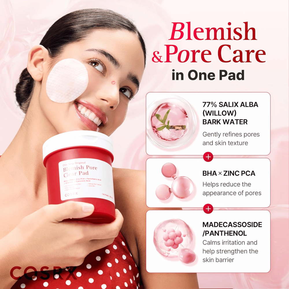Productafbeelding met model en focus op ingrediënten voor COSRX One Step Original Blemish Pore Clear Pad met willow bark water, BHA, Zinc PCA en Madecassoside.