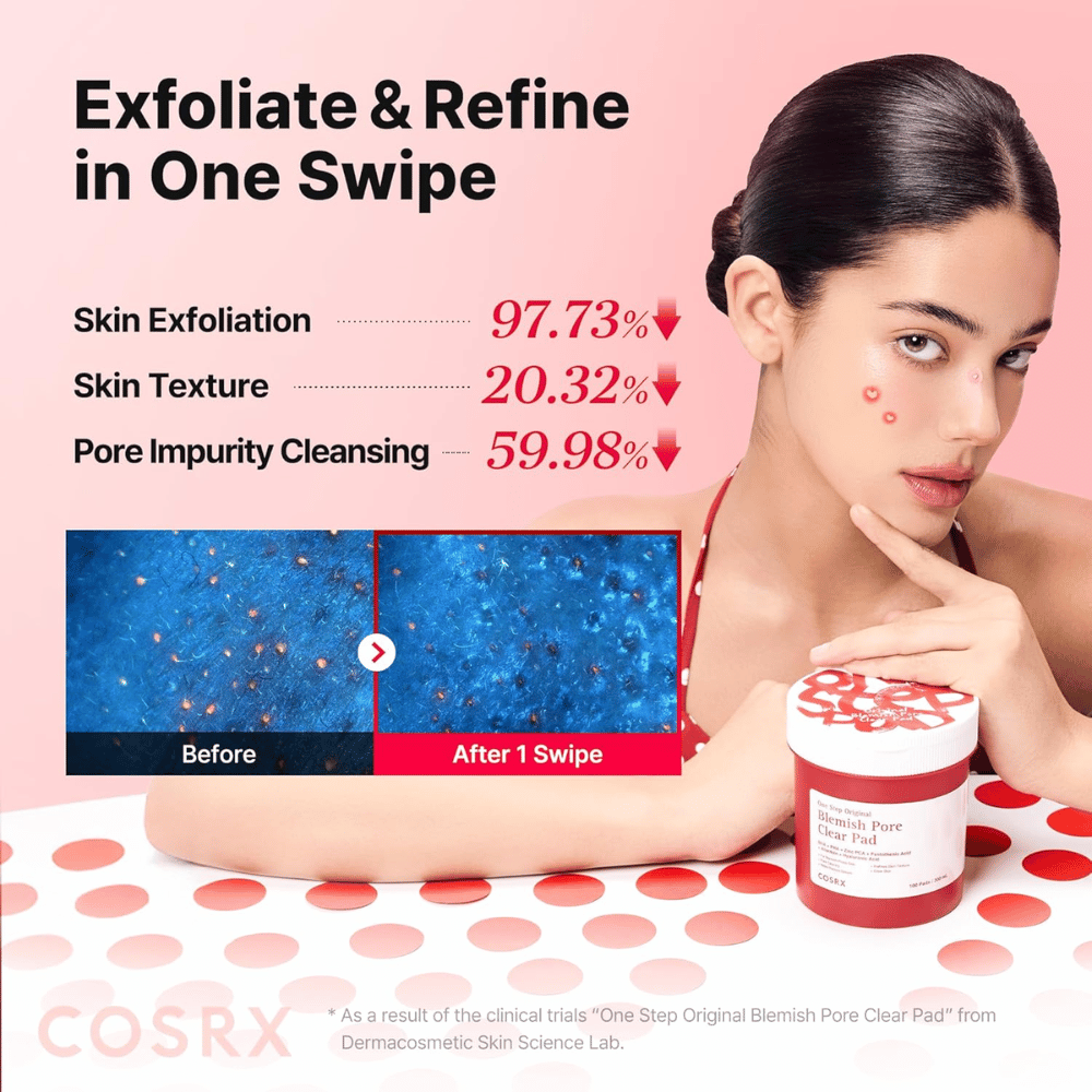 Promotieafbeelding voor COSRX One Step Original Blemish Pore Clear Pad die een exfoliërend effect en reiniging van poriën laat zien na slechts één gebruik.