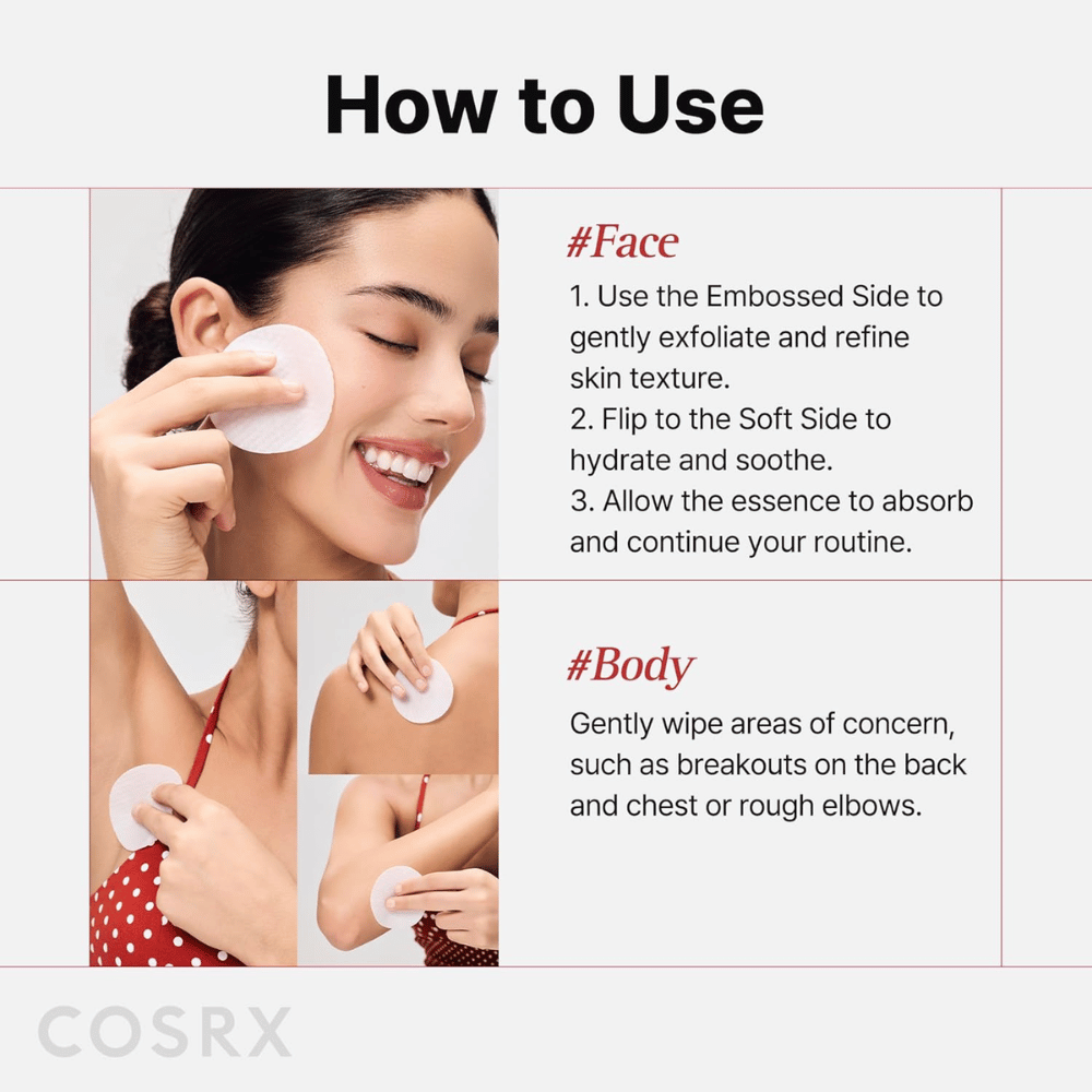 Instructieafbeelding die laat zien hoe COSRX One Step Original Blemish Pore Clear Pad op het gezicht en op het lichaam wordt gebruikt voor exfoliatie en verzorging.