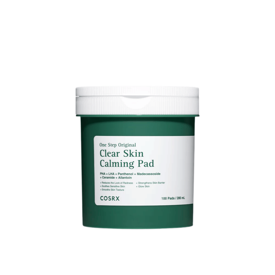 Vrijstaande productafbeelding van COSRX One Step Original Clear Skin Calming Pad in groene verpakking tegen een lichte achtergrond.