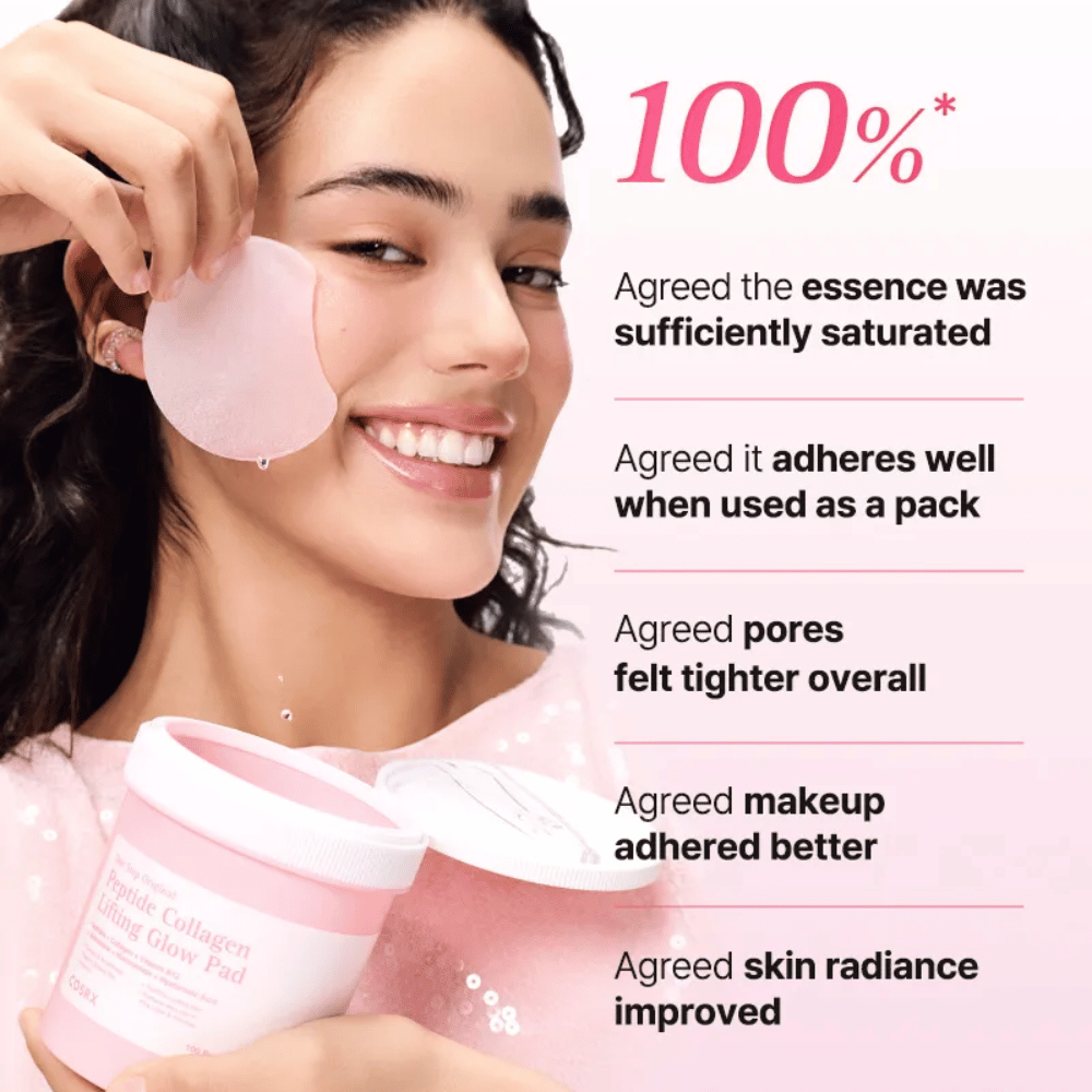 Model gebruikt COSRX Peptide Collagen Lifting Glow Pad met focus op hydratatie, glow en verbeterde huidelasticiteit.