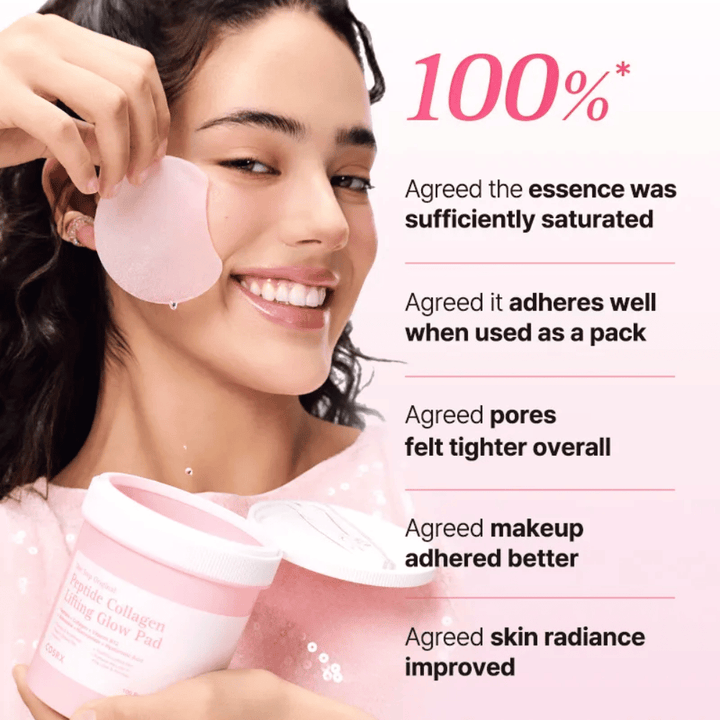 Model gebruikt COSRX Peptide Collagen Lifting Glow Pad met focus op hydratatie, glow en verbeterde huidelasticiteit.