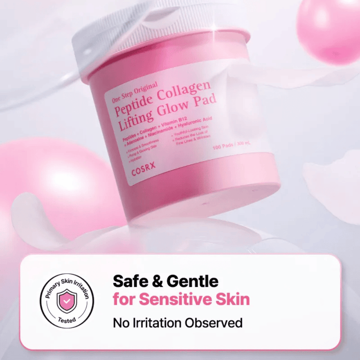 Productafbeelding van COSRX One Step Original Peptide Collagen Lifting Glow Pad met boodschap over een milde formule voor de gevoelige huid en getest op lage irritatie.