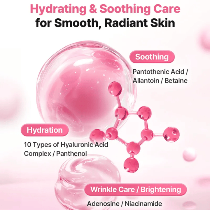 Illustratieve ingrediëntenafbeelding voor COSRX Peptide Collagen Lifting Glow Pad met focus op hydratatie, kalmerende werking en glansgevende ingrediënten zoals hyaluronzuur, niacinamide en panthenol.
