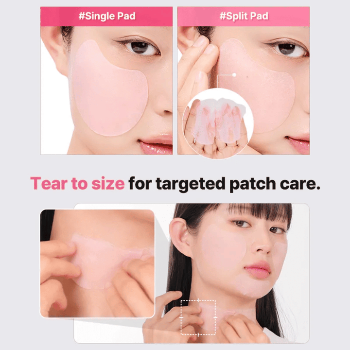 Deelbare hydrogelpad van COSRX die zowel als volledig gezichtsmasker als in kleinere patches kan worden gebruikt voor gerichte huidverzorging op gezicht en hals.