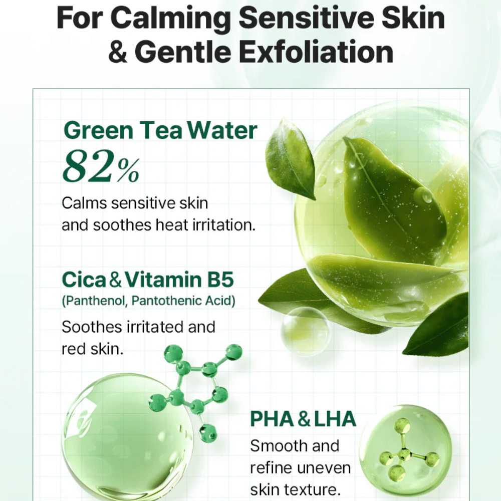 Informatieve afbeelding voor COSRX One Step Original Clear Skin Calming Pad met groen theewater, Cica, vitamine B5 en milde exfoliatie met PHA en LHA.