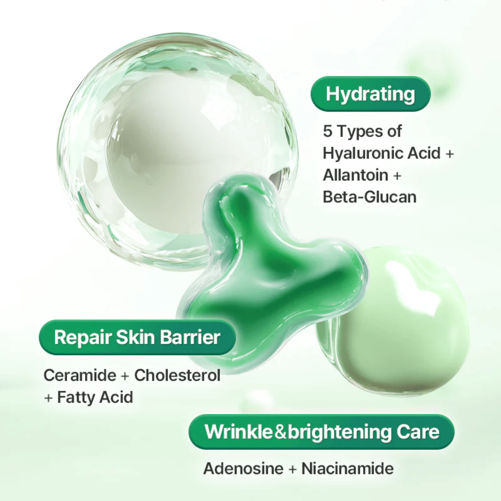 Illustratieve afbeelding die ingrediënten en huidvoordelen toont van COSRX One Step Original Clear Skin Calming Pad, waaronder hyaluronzuur, ceramiden en niacinamide.