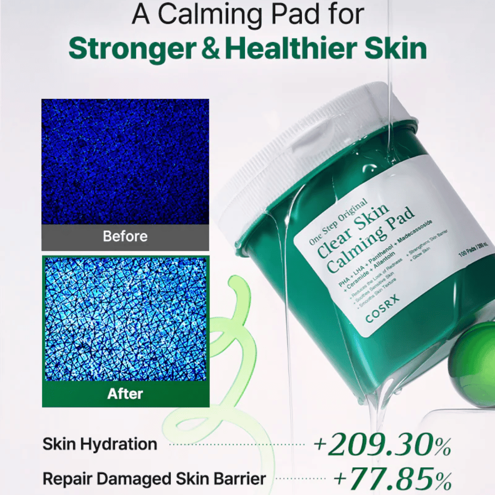 Promotieafbeelding voor COSRX One Step Original Clear Skin Calming Pad die verbeterde hydratatie en een versterkte huidbarrière na gebruik toont.