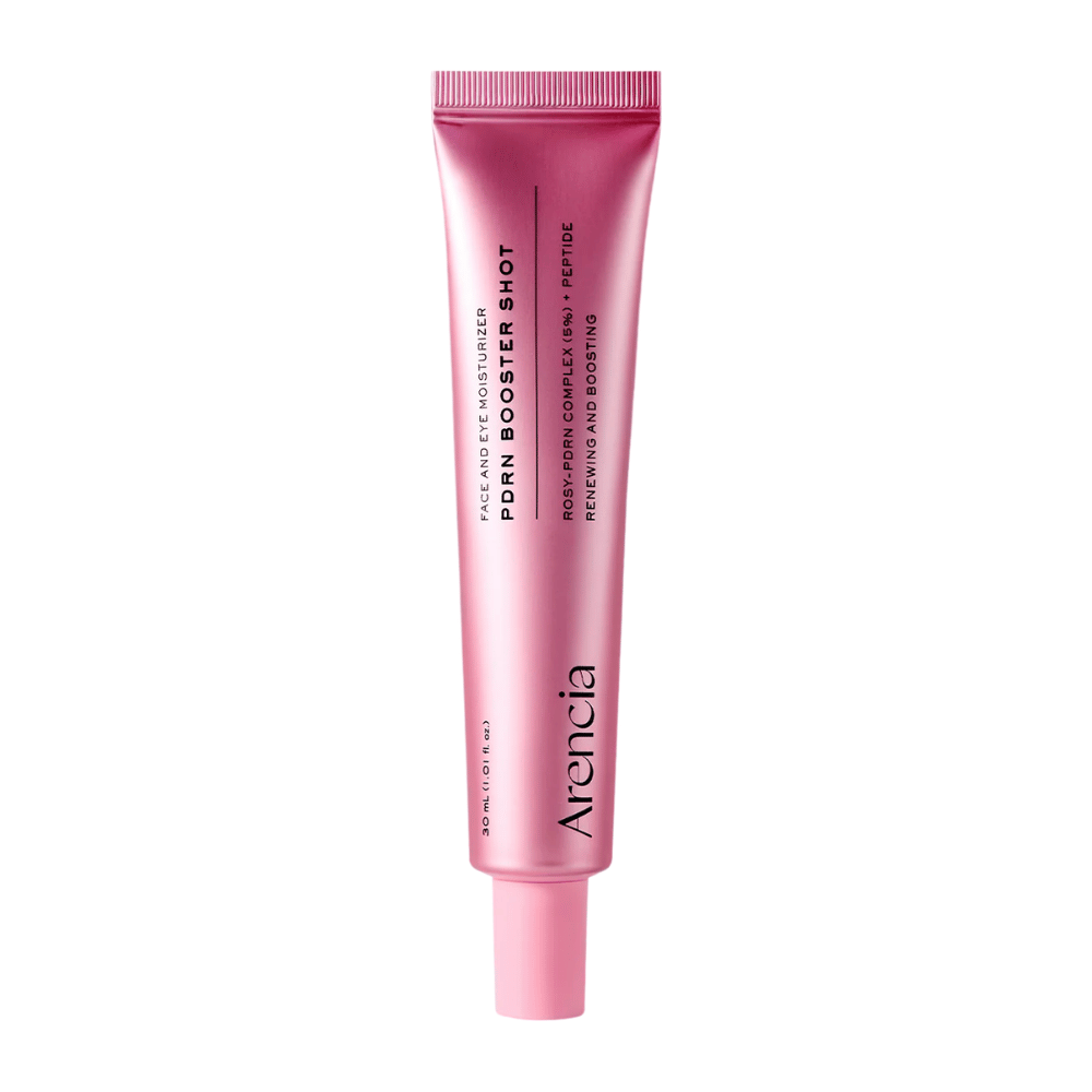 Zuivere productafbeelding van Arencia PDRN Booster Shot met minimalistische roze verpakking en focus op hydraterende, herstellende en glowgevende huidverzorging.