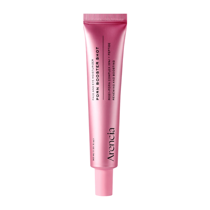 Zuivere productafbeelding van Arencia PDRN Booster Shot met minimalistische roze verpakking en focus op hydraterende, herstellende en glowgevende huidverzorging.