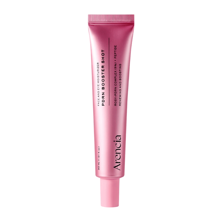 Zuivere productafbeelding van Arencia PDRN Booster Shot met minimalistische roze verpakking en focus op hydraterende, herstellende en glowgevende huidverzorging.