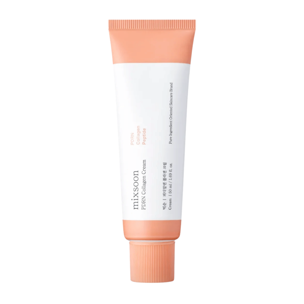 Mixsoon PDRN Collagen Cream in witte en perzikkleurige tube, 50 ml. Een hydraterende en collageenversterkende crème voor een gladde en jeugdige huid.