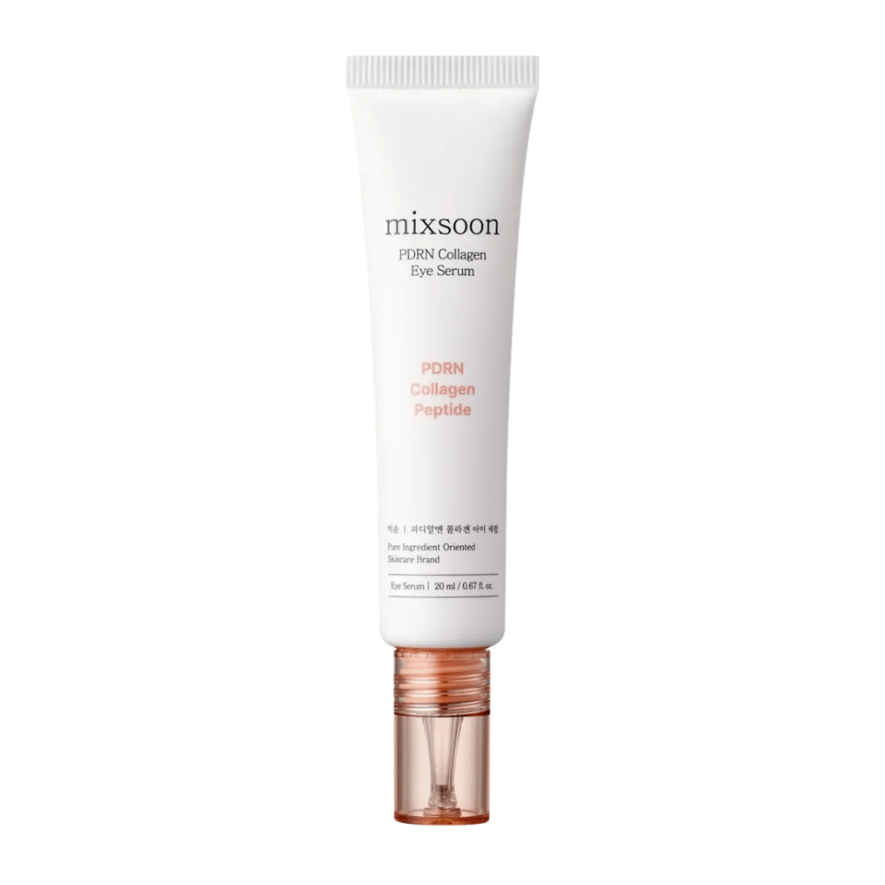 Mixsoon PDRN Collagen Eye Serum in witte en perzikkleurige tube met transparante applicator. Een hydraterend en verstevigend oogserum, 20 ml.