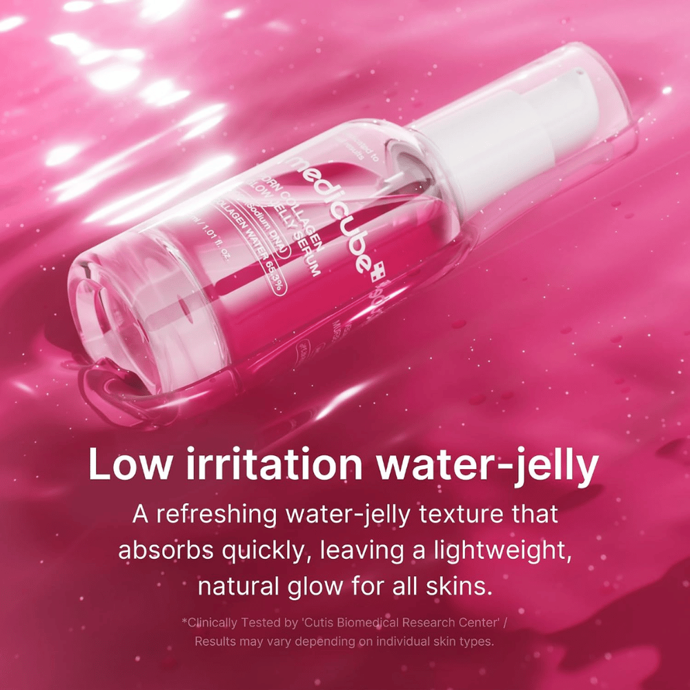 Medicube PDRN Collagen Glow Jelly Serum met lichte water-gelétextuur die snel wordt opgenomen en glow geeft