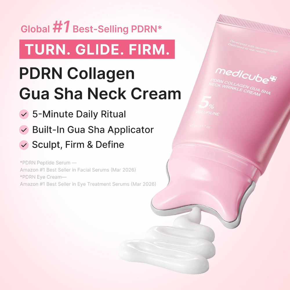 5. Medicube PDRN Collagen Gua Sha Neck Wrinkle Cream – roze halscrème met gua sha-applicator en romige textuur