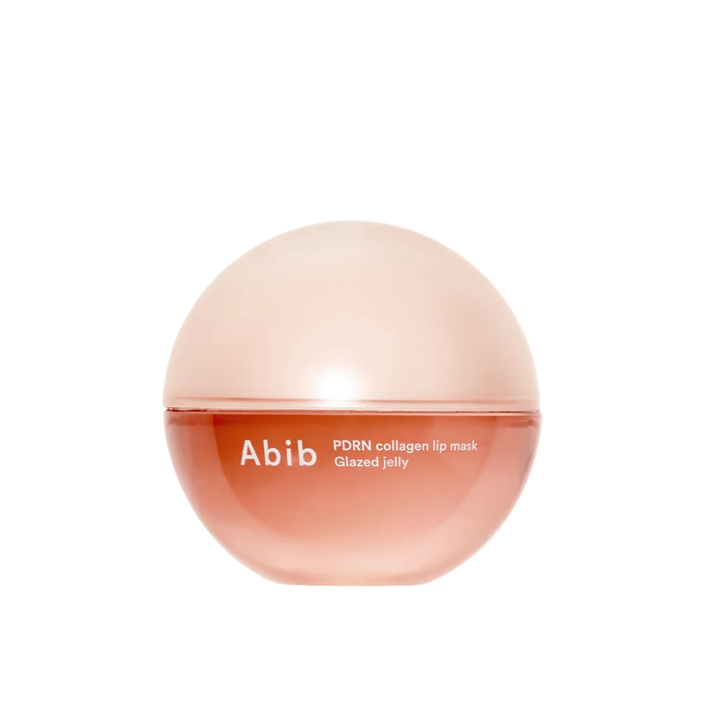 Roze ronde pot met de tekst "Abib PDRN Collagen Lip Mask Glazed Jelly" aan de voorkant, gefotografeerd tegen een witte achtergrond.