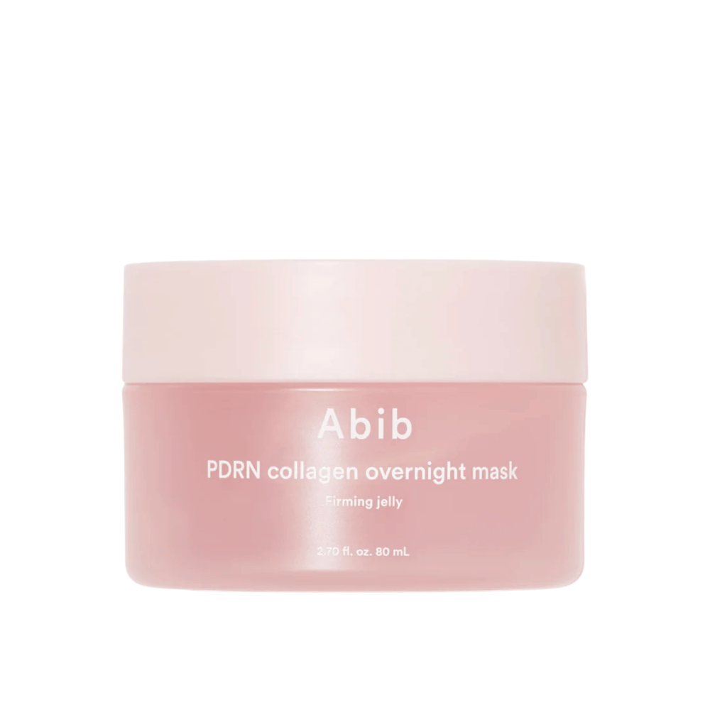 Minimalistische productafbeelding van Abib PDRN Collagen Overnight Mask in een roze pot met focus op design en productnaam tegen een lichte achtergrond.