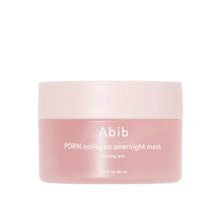 Minimalistische productafbeelding van Abib PDRN Collagen Overnight Mask in een roze pot met focus op design en productnaam tegen een lichte achtergrond.