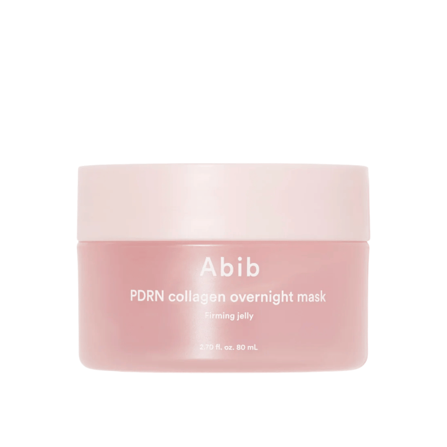 Minimalistische productafbeelding van Abib PDRN Collagen Overnight Mask in een roze pot met focus op design en productnaam tegen een lichte achtergrond.