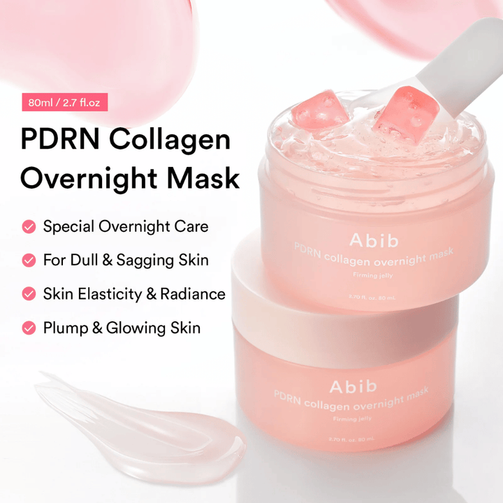 Productafbeelding van Abib PDRN Collagen Overnight Mask met roze geltextuur en siliconen spatel die de hydraterende en glow-gevende eigenschappen van het nachtmasker benadrukken.