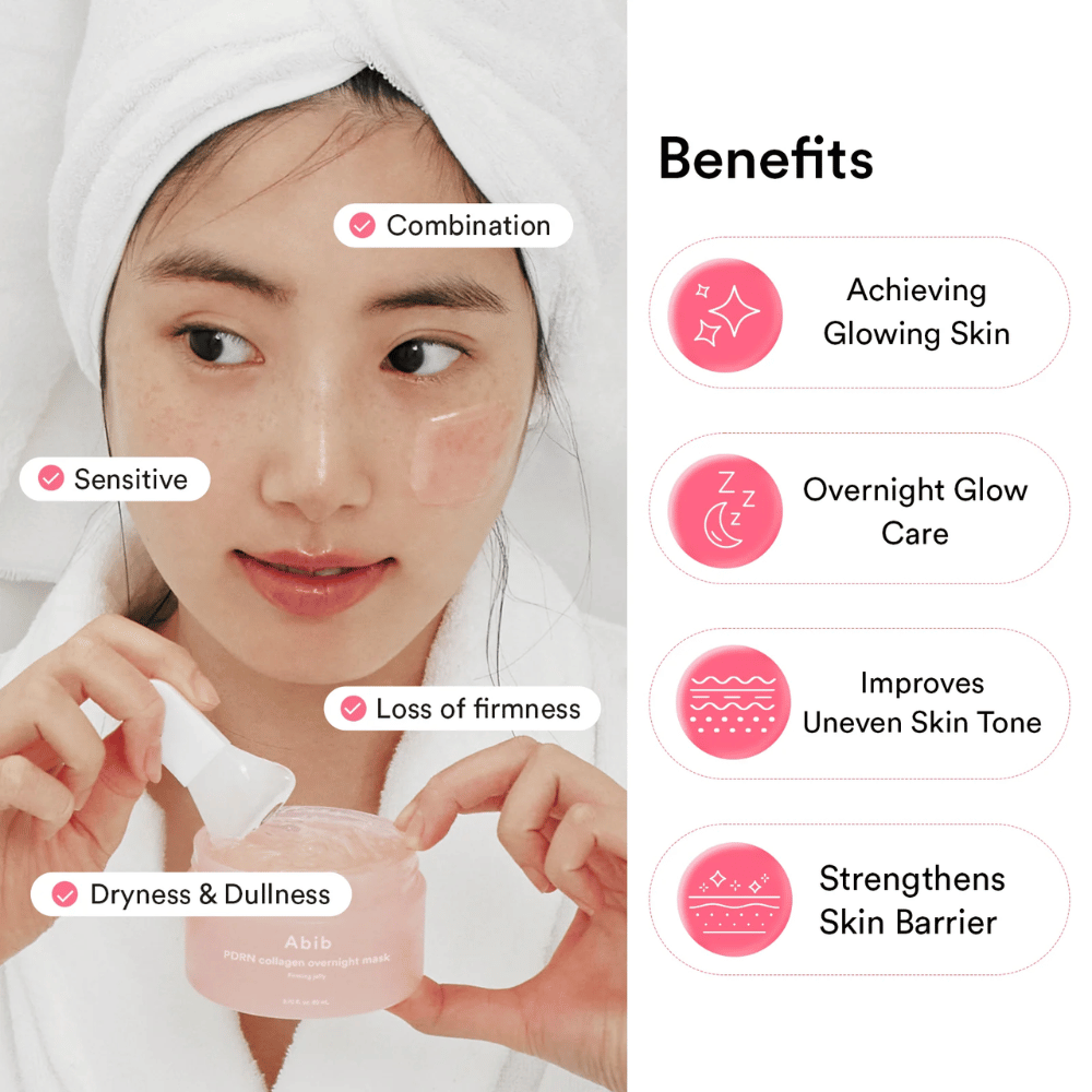Beeld dat de voordelen van het product voor gevoelige, droge en doffe huid benadrukt, met focus op glow, huidbarrière en verbeterde elasticiteit.