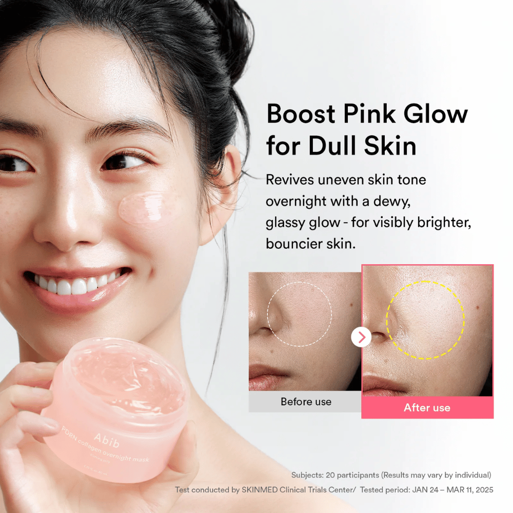 Model dat Abib PDRN Collagen Overnight Mask vasthoudt samen met een voor- en na-illustratie die glow en een egalere huidtoon laat zien na gebruik gedurende de nacht.