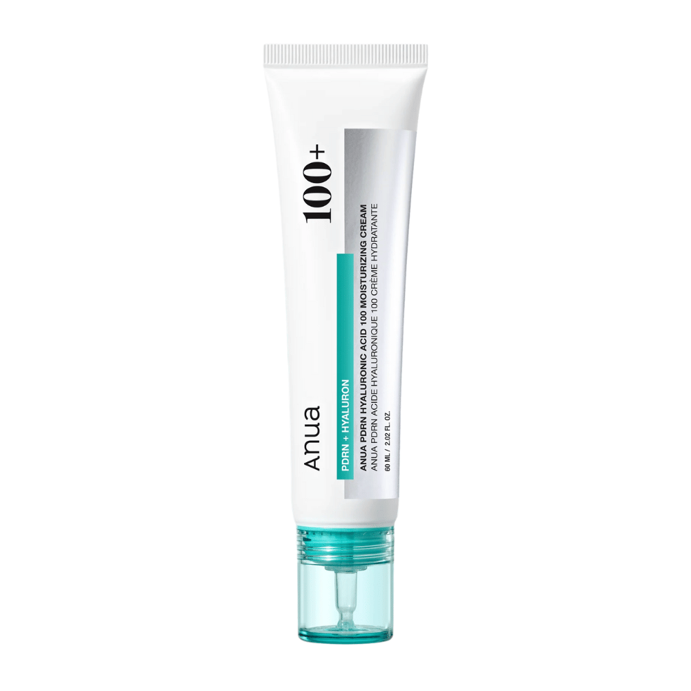 Productafbeelding van Anua PDRN Hyaluronic Acid 100 Moisturizing Cream in witte tube met turquoise detail – Koreaanse gezichtscrème voor diepe hydratatie.