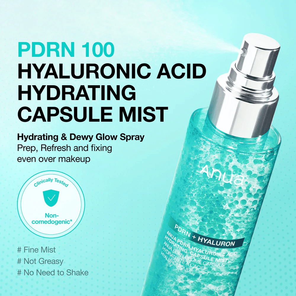 Productafbeelding met de sprayfunctie in focus. De tekst beschrijft het product als een hydraterende mist die glow geeft, over make-up gebruikt kan worden en niet vet aanvoelt.
