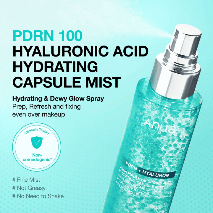 Productafbeelding met de sprayfunctie in focus. De tekst beschrijft het product als een hydraterende mist die glow geeft, over make-up gebruikt kan worden en niet vet aanvoelt.