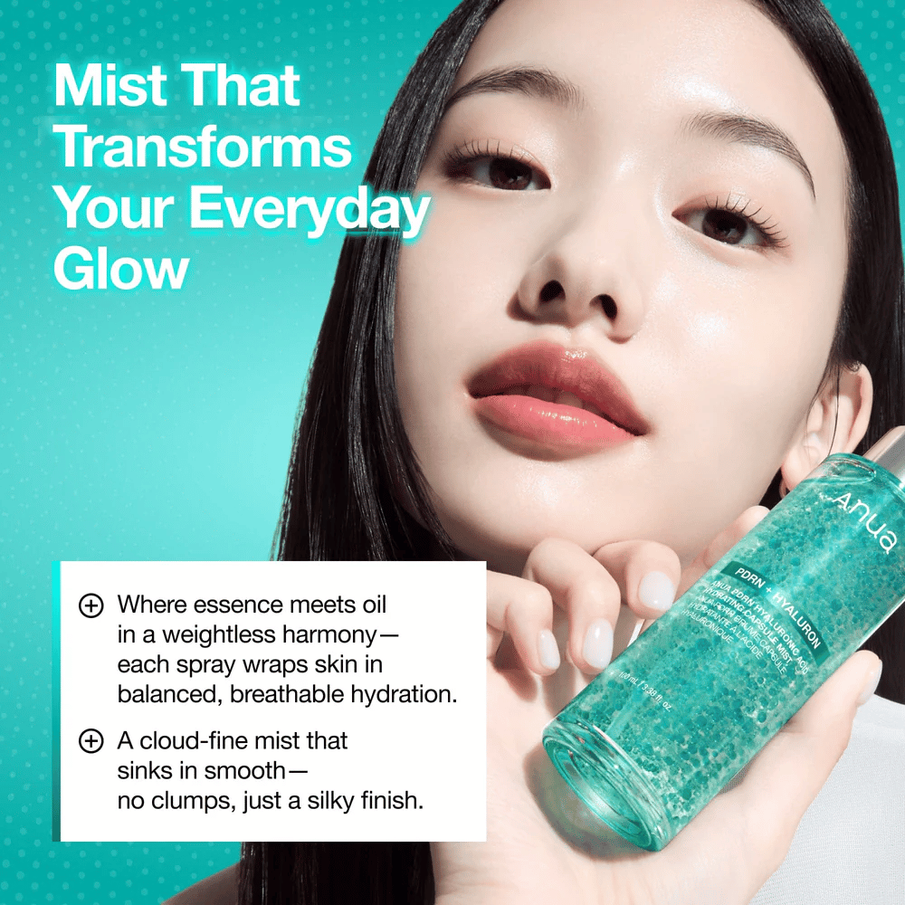 Een model houdt het product dicht bij het gezicht. De afbeelding benadrukt het glow-effect en hoe de mist zelfs over make-up een frisse, gehydrateerde finish geeft.